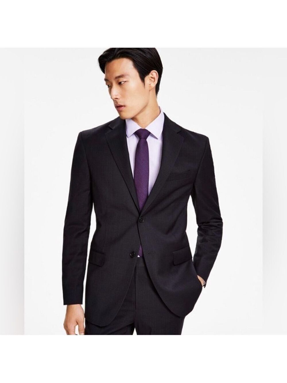 DKNY Men’s Modern-Fit Stretch Black Plaid Suit Jacket Blazer Sport Coat 38 Reg